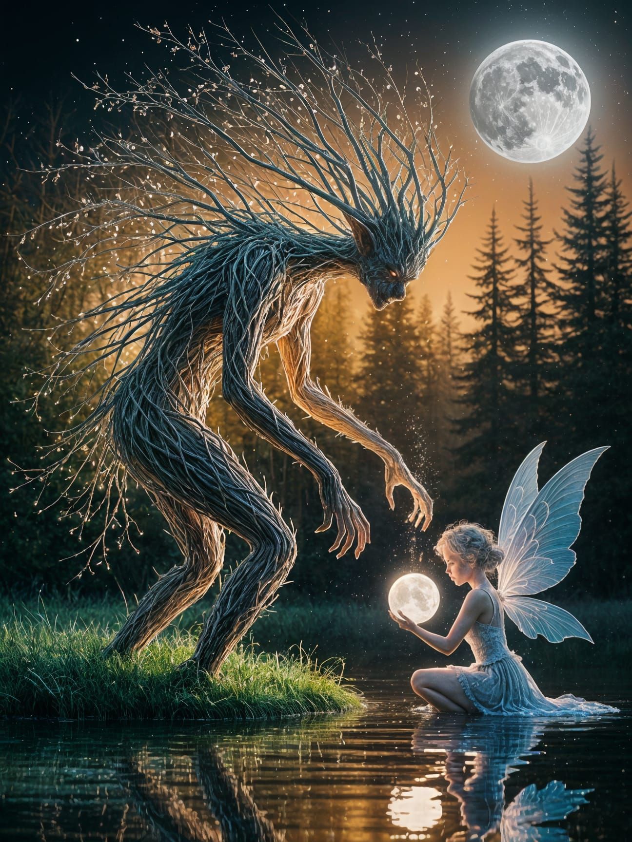 Ethereal Moonlit Forest Spirit with Fairy and Lake