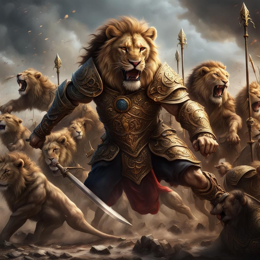 Victorious Warrior Leading Lions into Battle