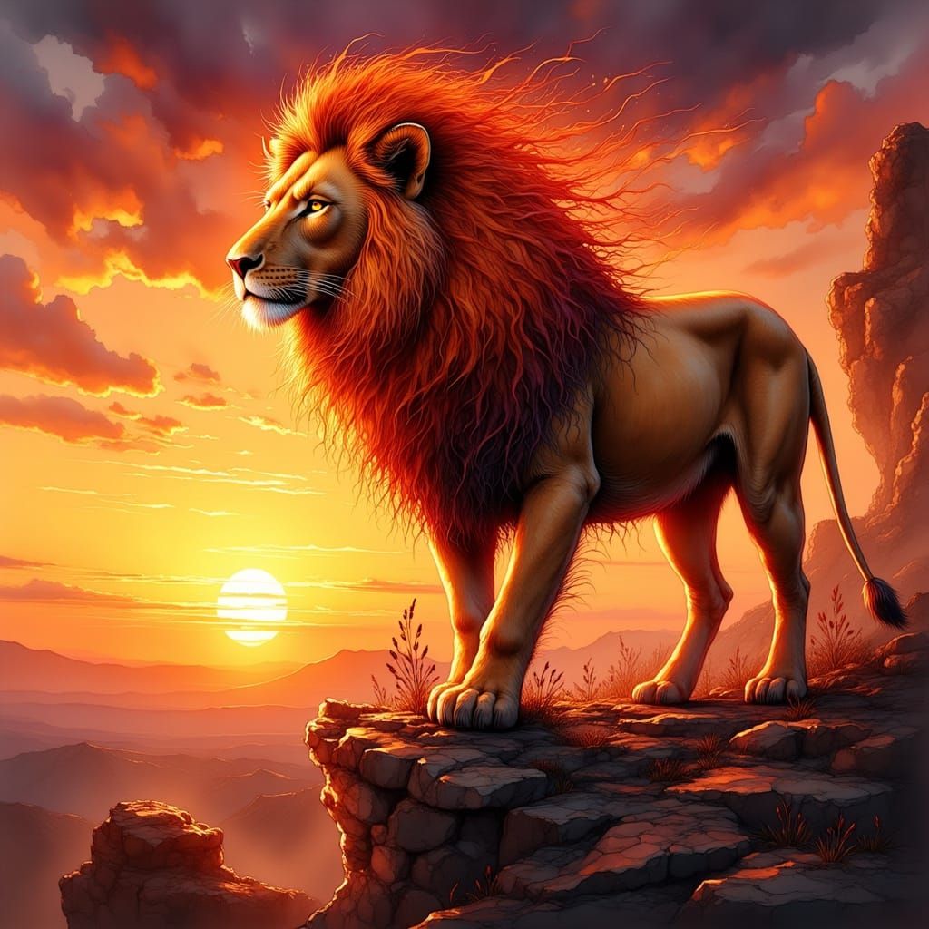 Fiery Lion at Sunset in Art Nouveau Style