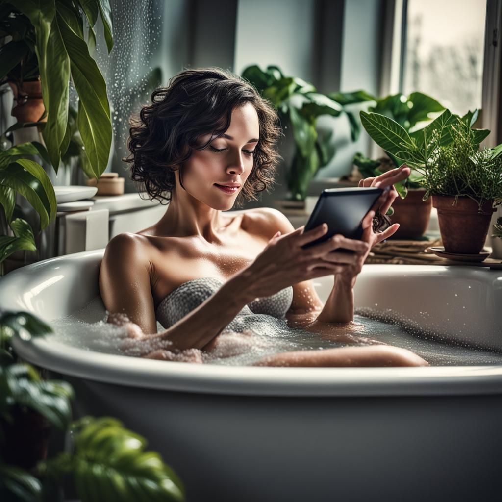 Woman Relaxing in Bubble Bath with Plants, Hyperrealistic