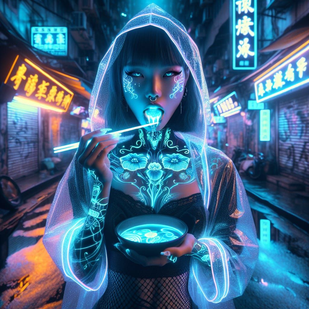 Cyberpunk Girl with Neon Tattoos Eating Tentacles