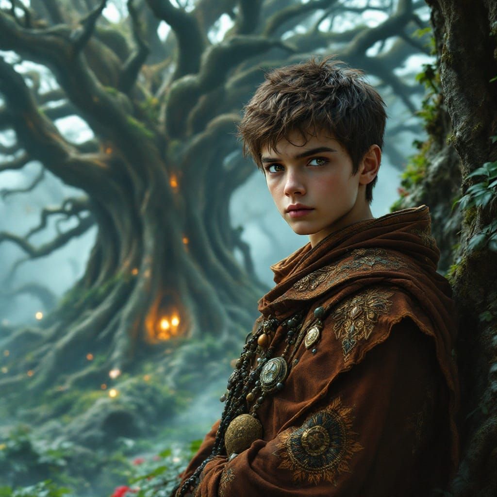 Boy Stands at Edge of Mystical Realm in Earth-Toned Attire