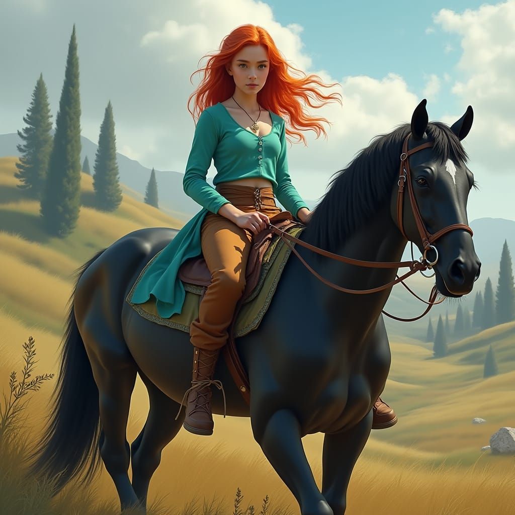 Girl with Fiery Red Hair Rides Majestically on a Black Horse...