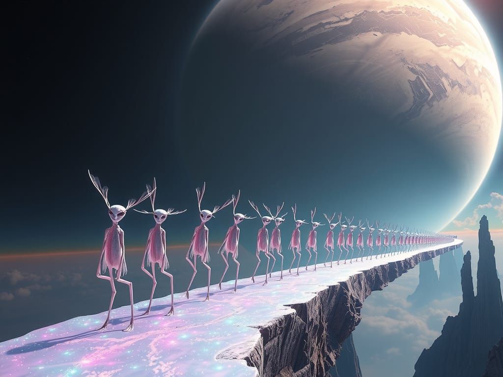 Ethereal Alien Procession in Iridescent Hues