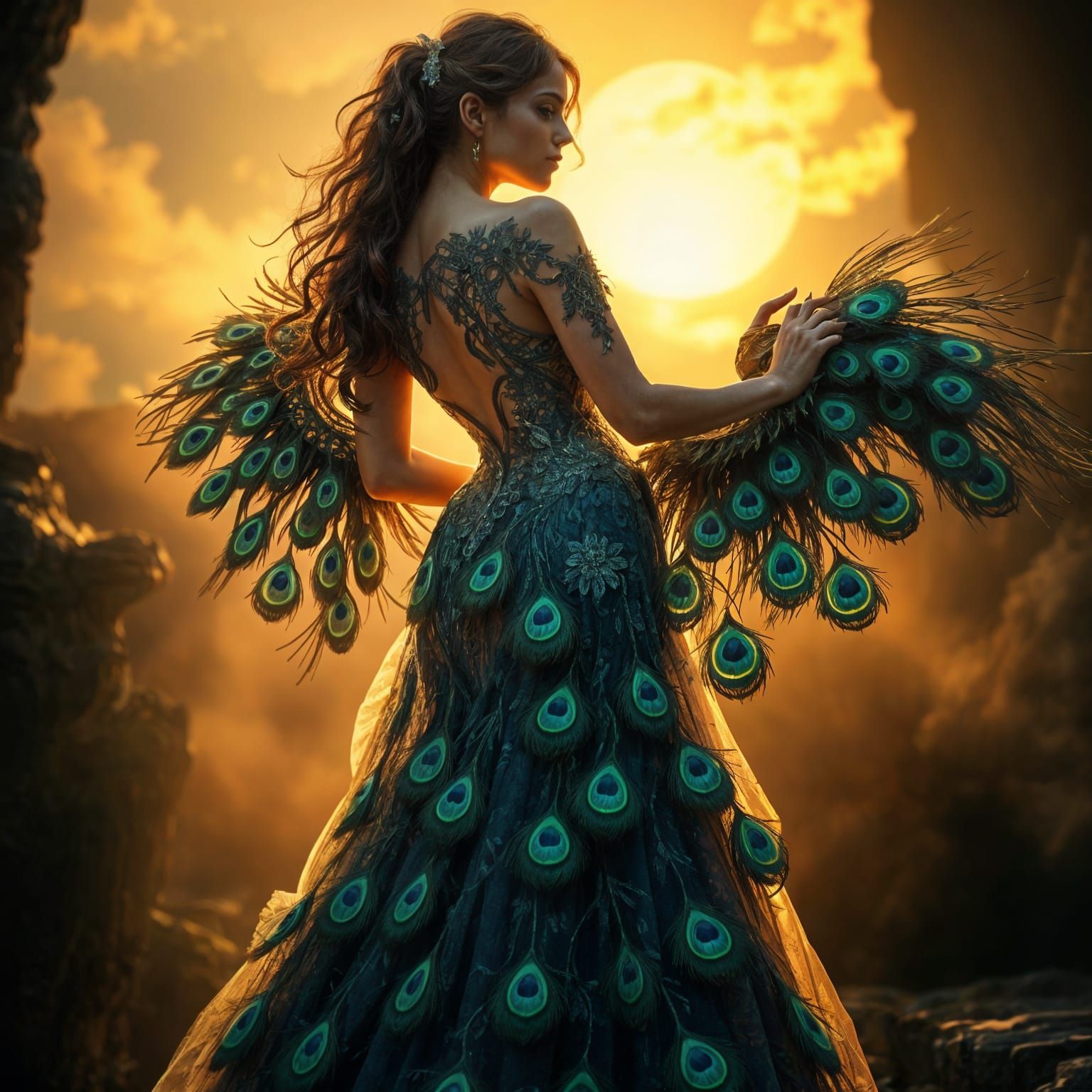 Ethereal Peacock Evening Gown in Digital Matte Painting Styl...