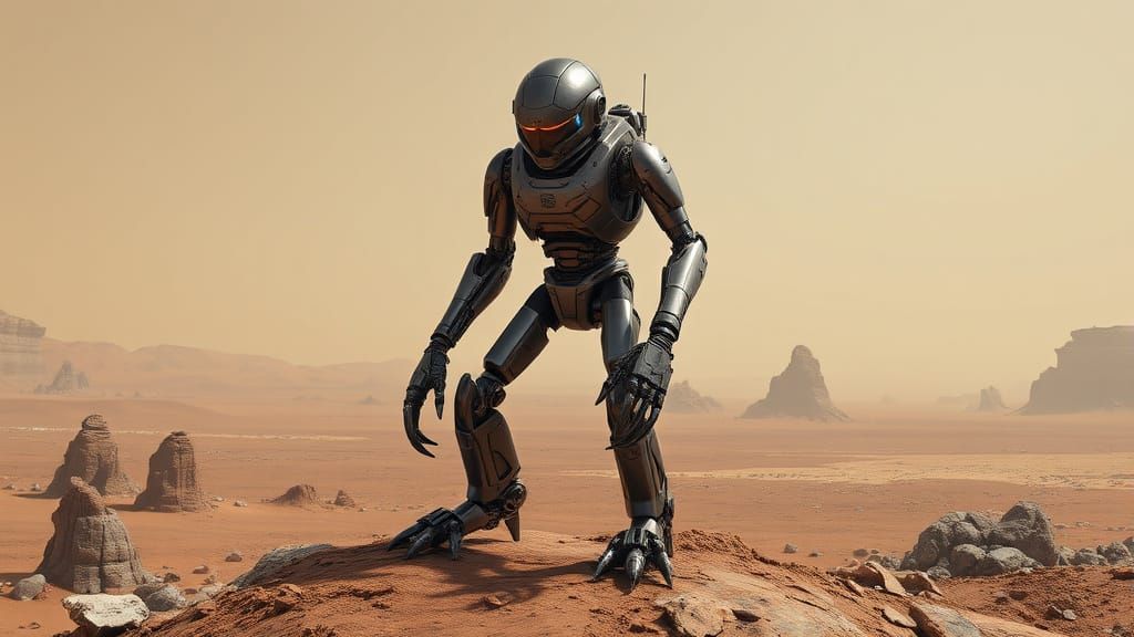 Cyborg Explorer on Barren Martian Ridge
