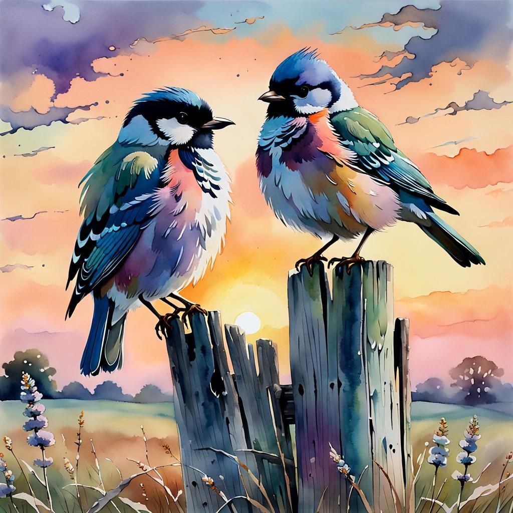 Watercolor Painting of Two Birds at Sunset
