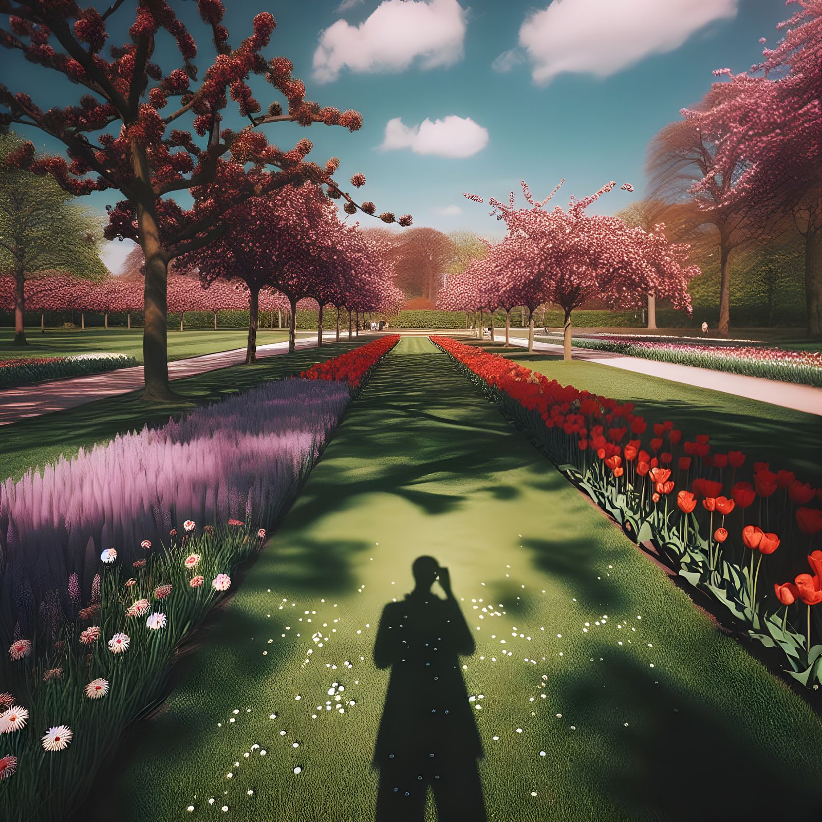 A quiet spring park with blooming red tulips in perfect rows...