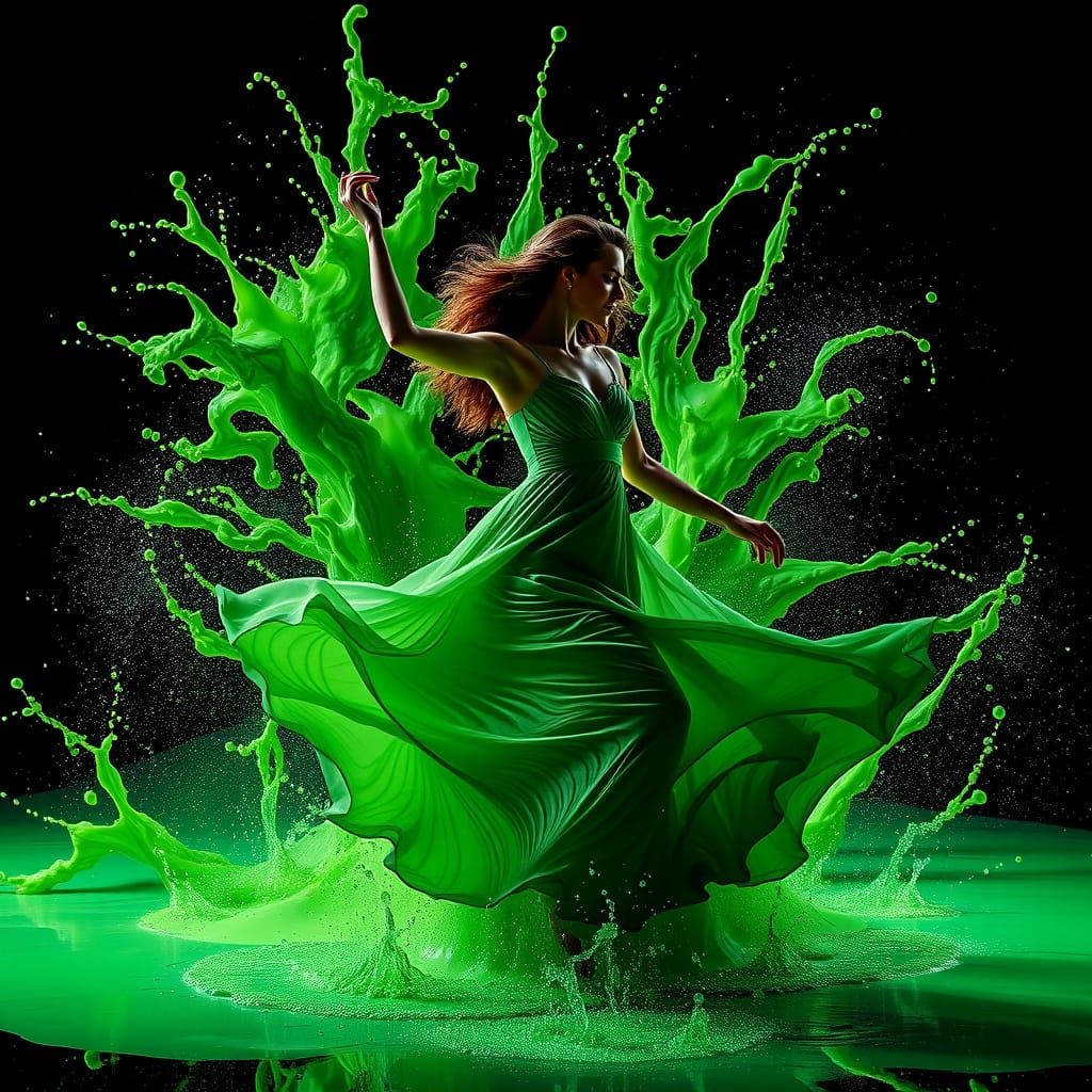 Elegant Woman Dancing Amidst Green Liquid Explosion