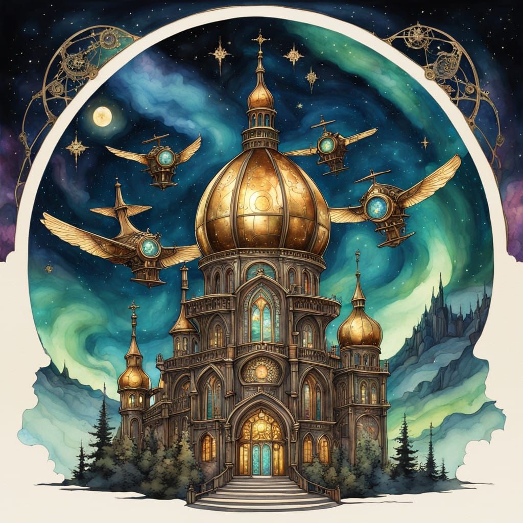 Ethereal Steampunk Monastery Soars Among Stars and Aurora