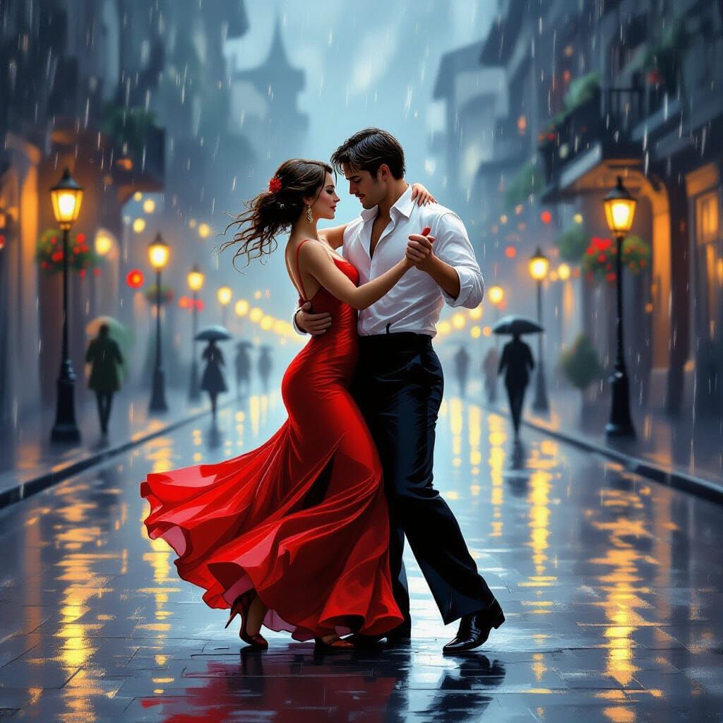 Romantic Couple Dancing Tango in Rainy Street