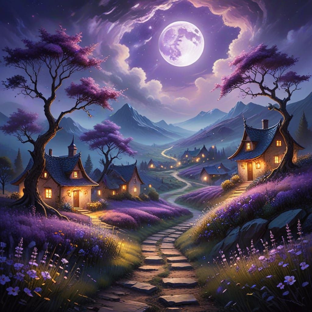 Whimsical Dreamscapes Village Under Golden Full Moon