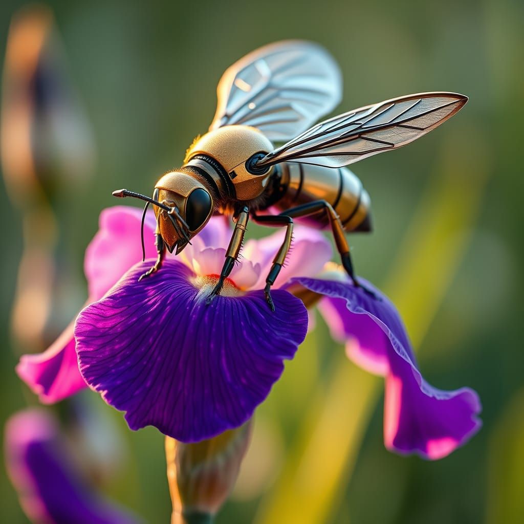 Majestic Robotic Queen Bee in Futuristic Floral Setting