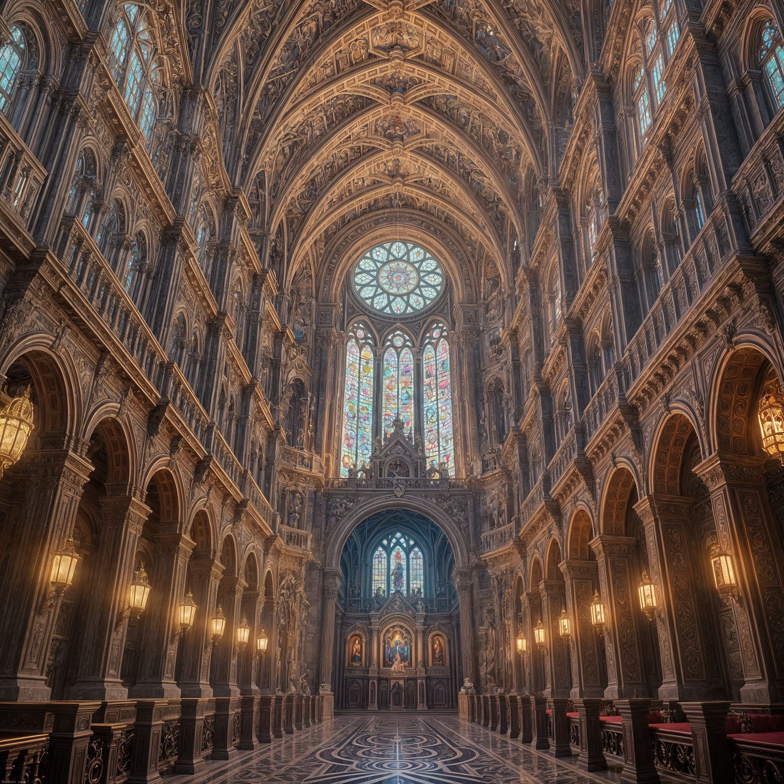 Baroque Cathedral Interior in Synthwave Neon, 3D Render