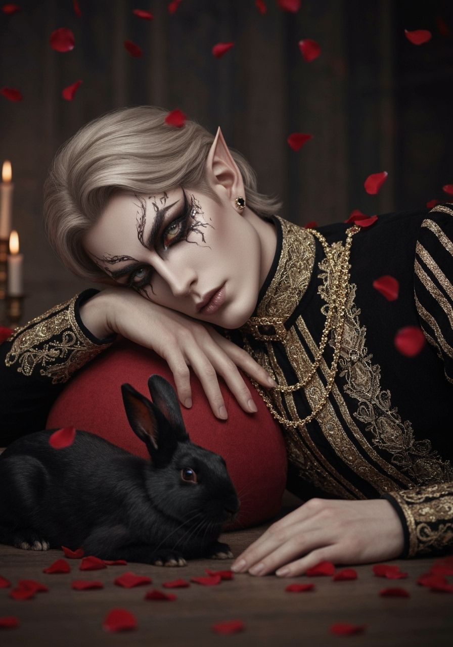 Gothic Elven Prince with Rabbit in Roses