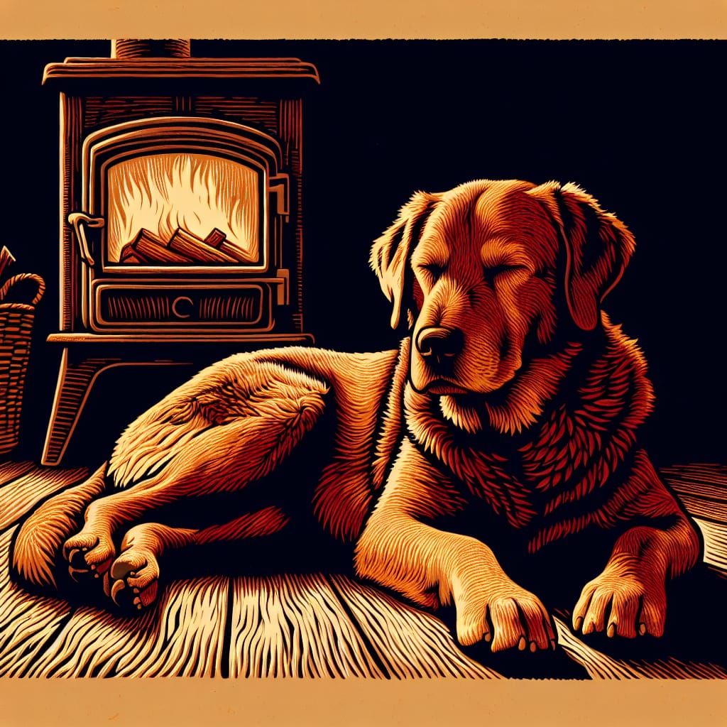 Warmth of a Woodcut Scene: Labrador Chow Mix in Serene Woods...