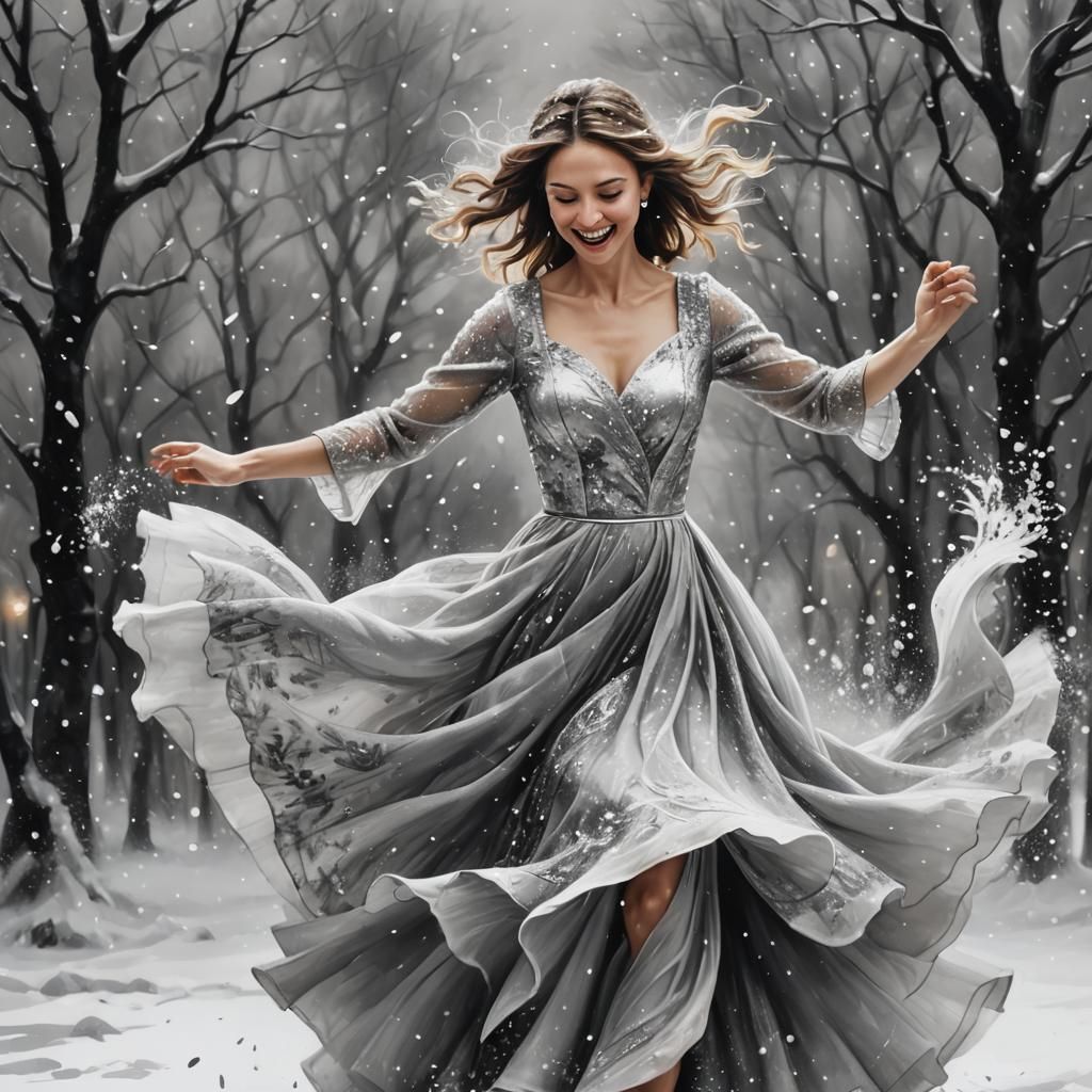 Woman Dancing in Snow, Ink and Charcoal Style