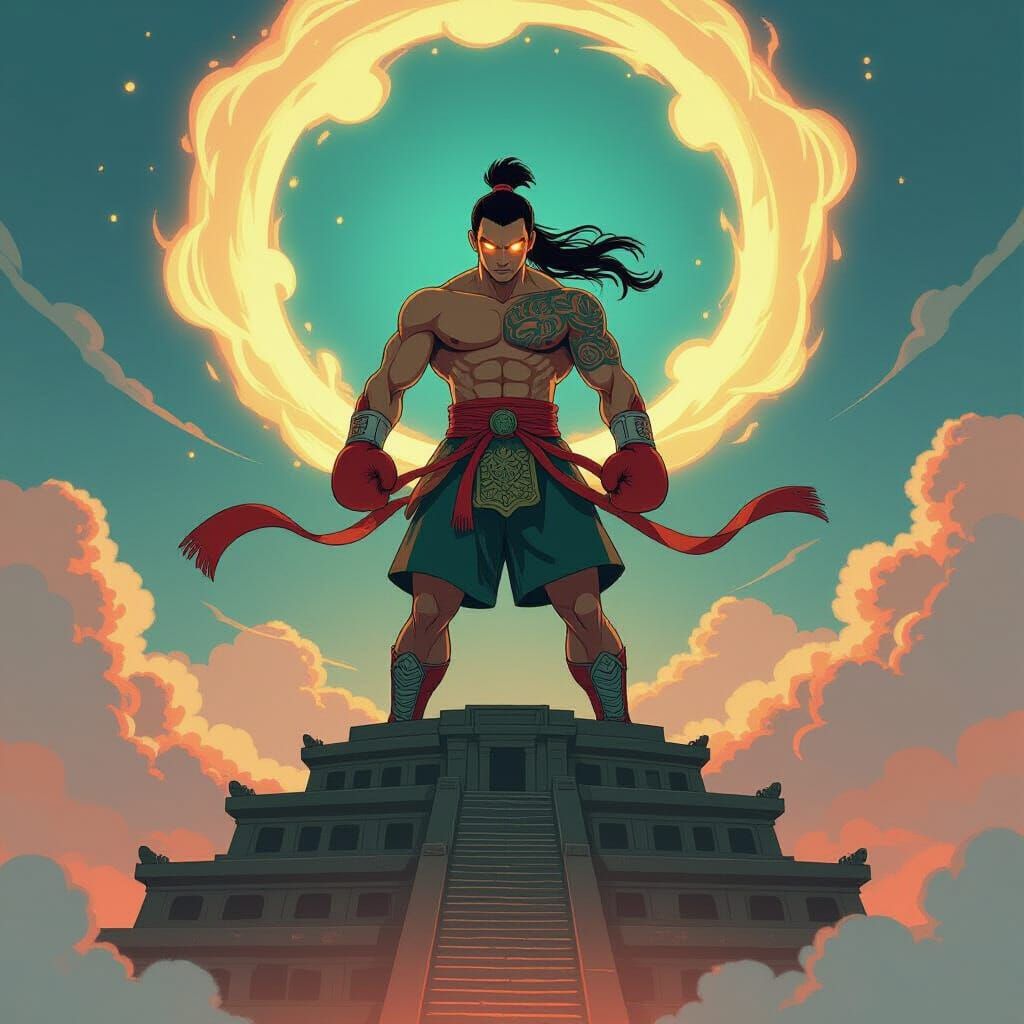 Muay Thai Warrior on Ziggurat in Anime Style