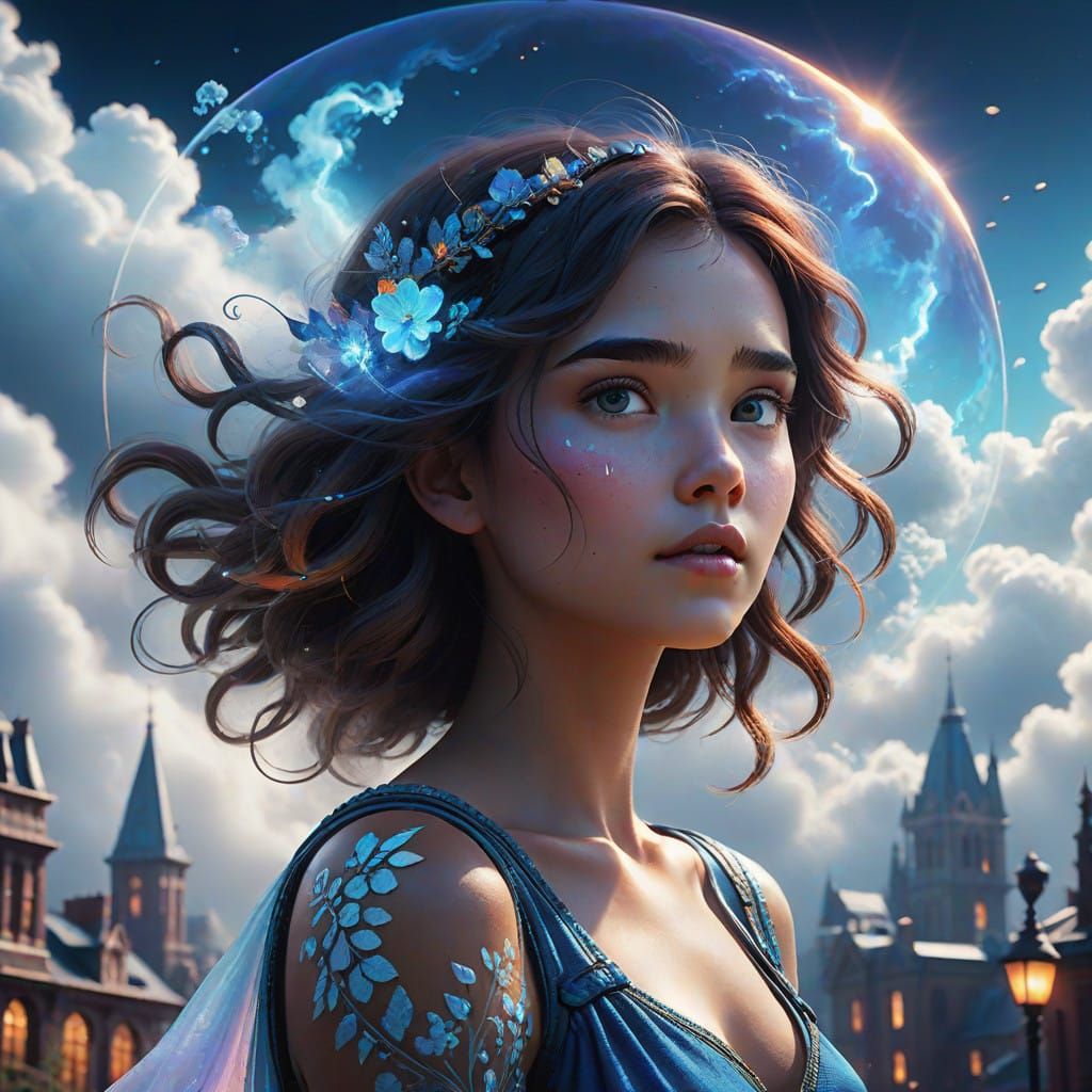Ethereal Cloud Goddess in Vibrant Cityscape