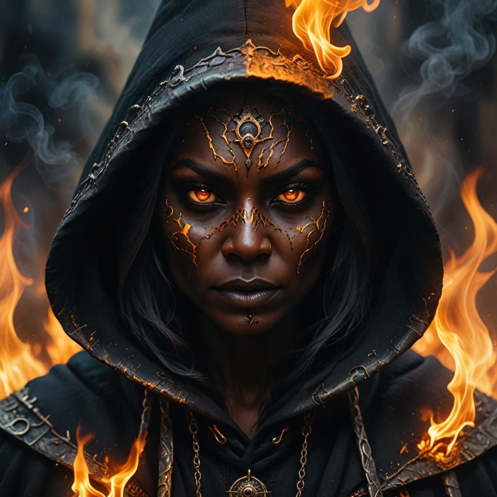 Dark Fantasy Witch with Fiery Eyes, Oil Painting
