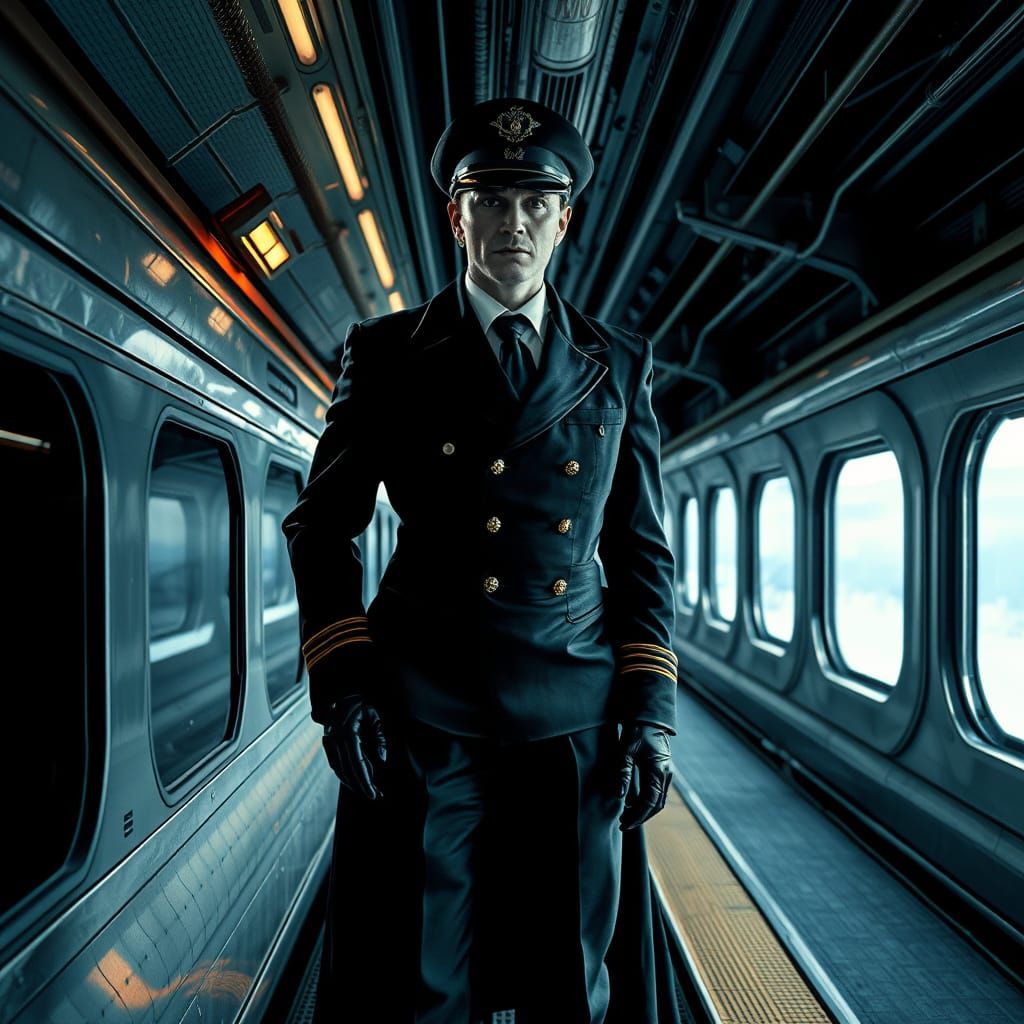 Charon as Train Conductor in Surrealist Horror Style