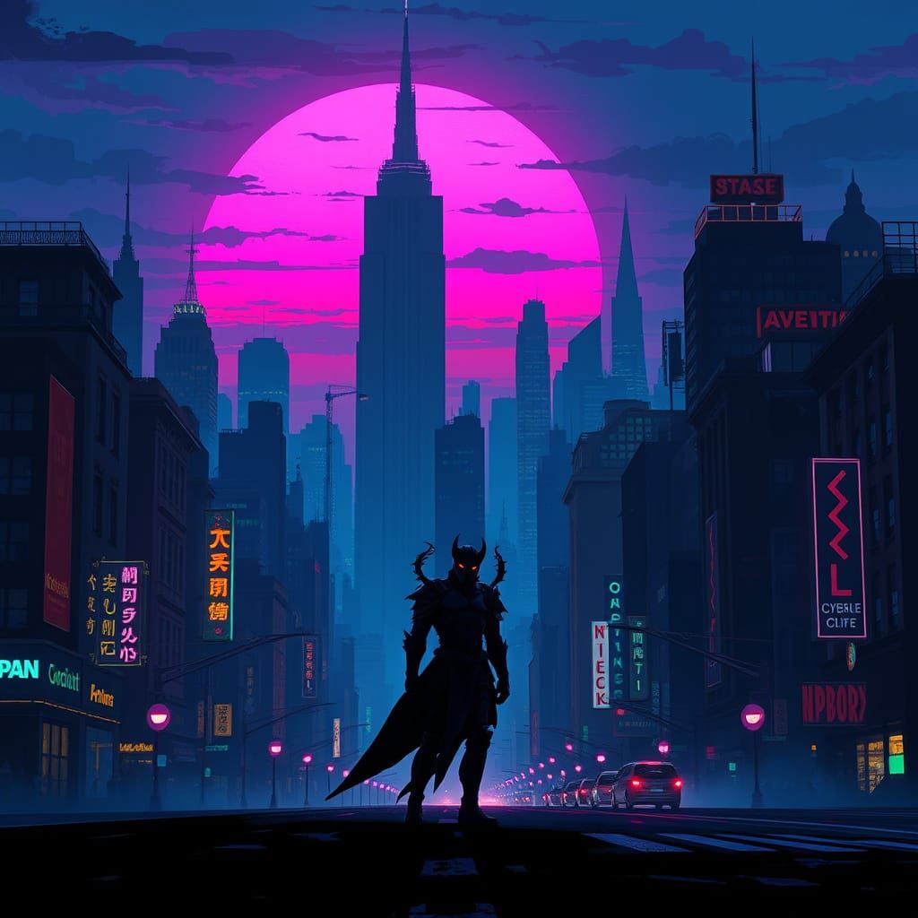 Cyberpunk Cityscape at Dusk: Devil-Armored Figure in Quilled...