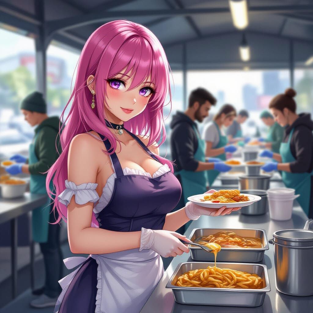 Pink Haired Woman Serves Food to Homeless