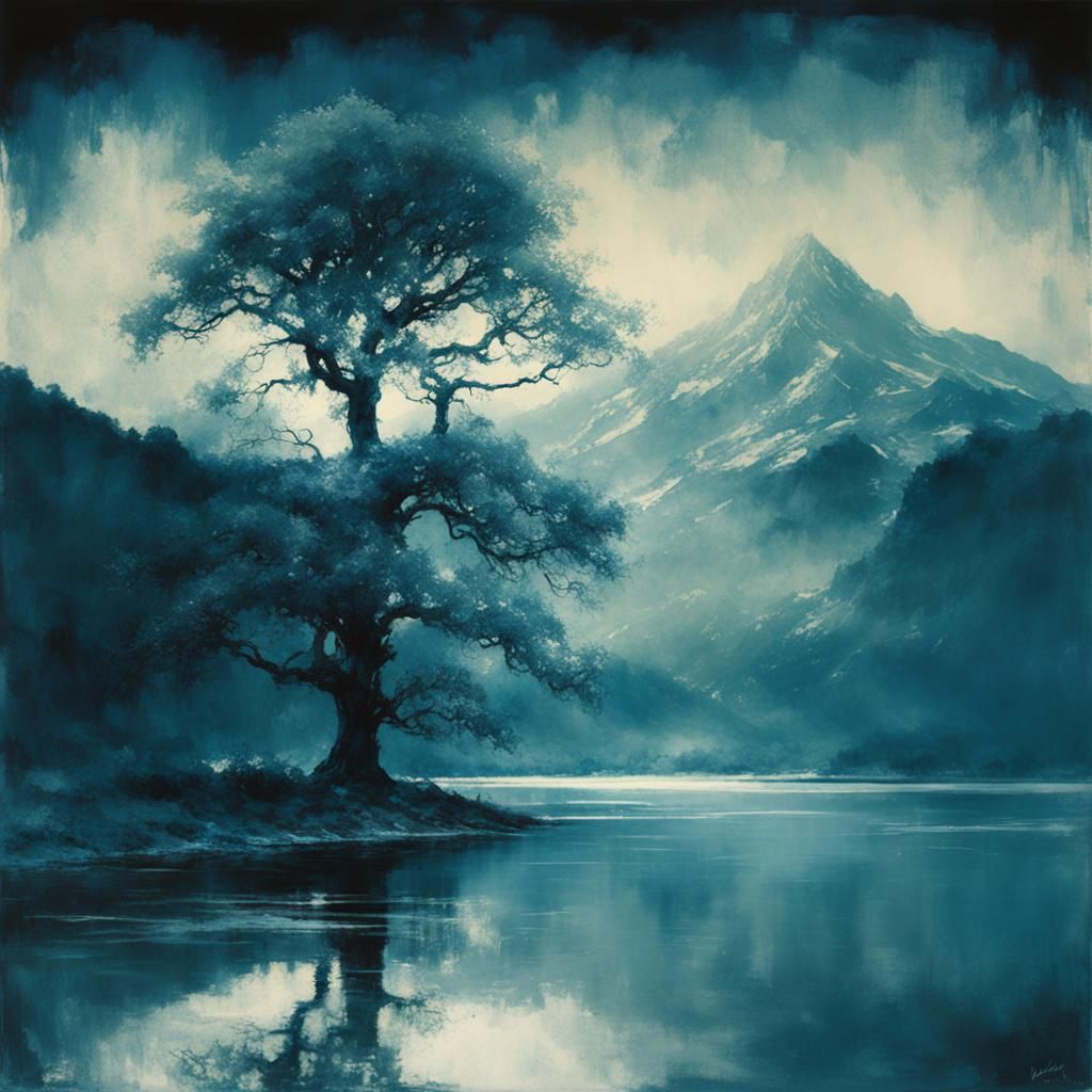 Cyanotype Landscape with Majestic Tree and Lake