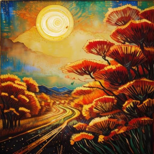 Encaustic Spring Landscape with Chaotic Sunset