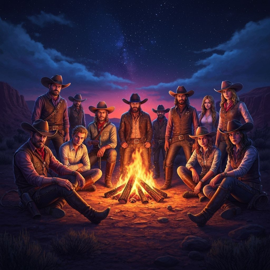 Vibrant Cowboy Campfire Under Starry Night Sky