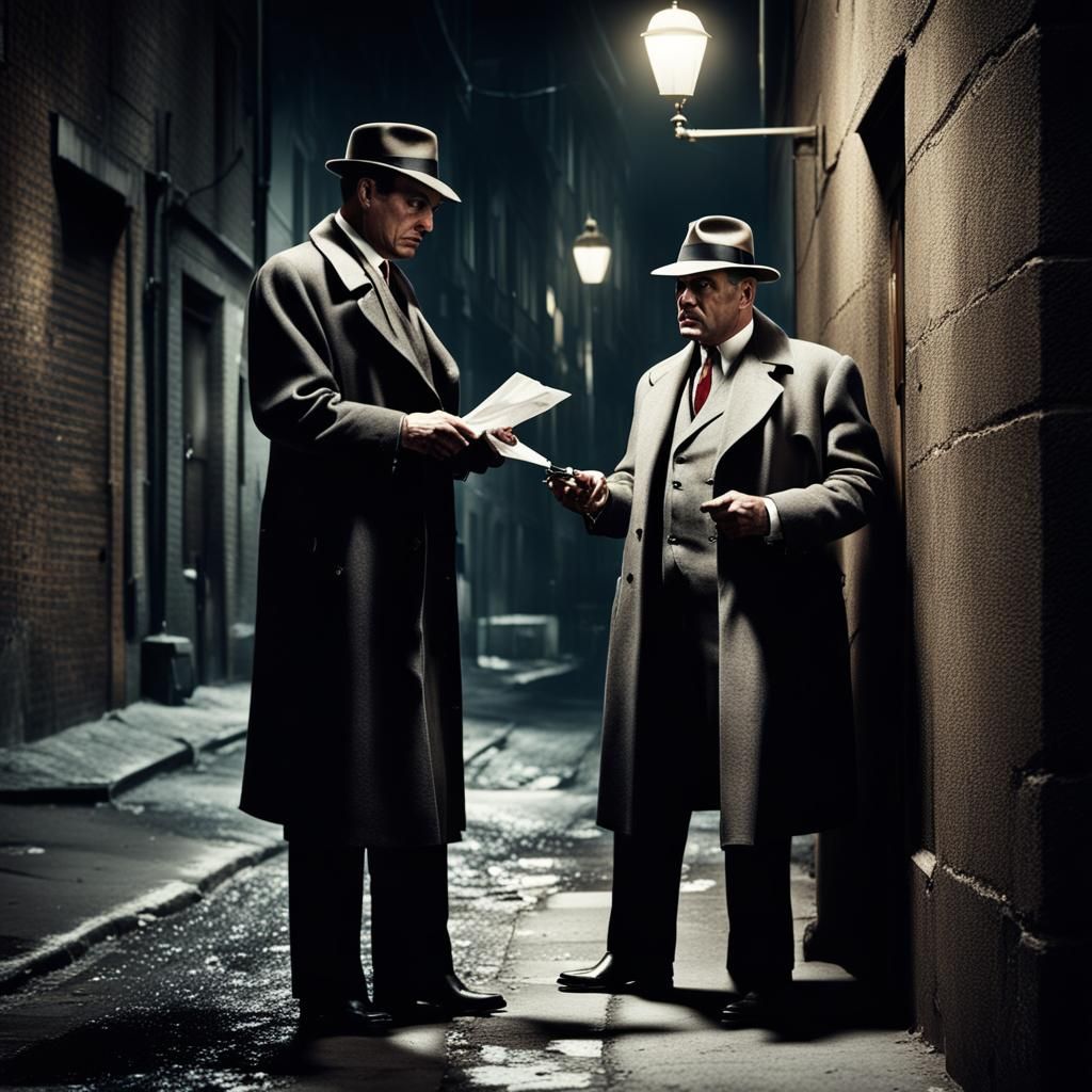 1950s Detective Accepting Bribe in Dark Alley