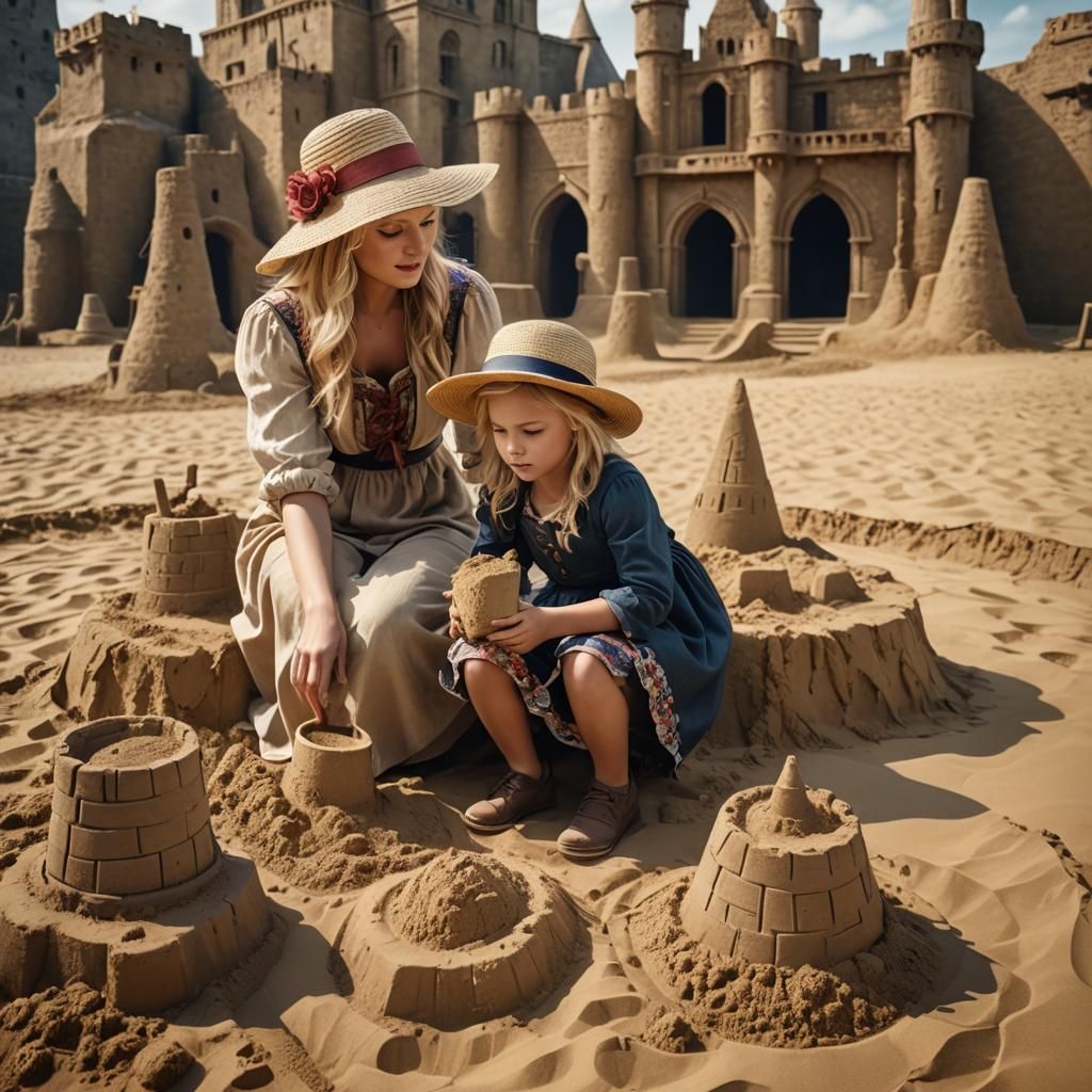 Vintage Sandcastle Scene with Blond Woman and Girl