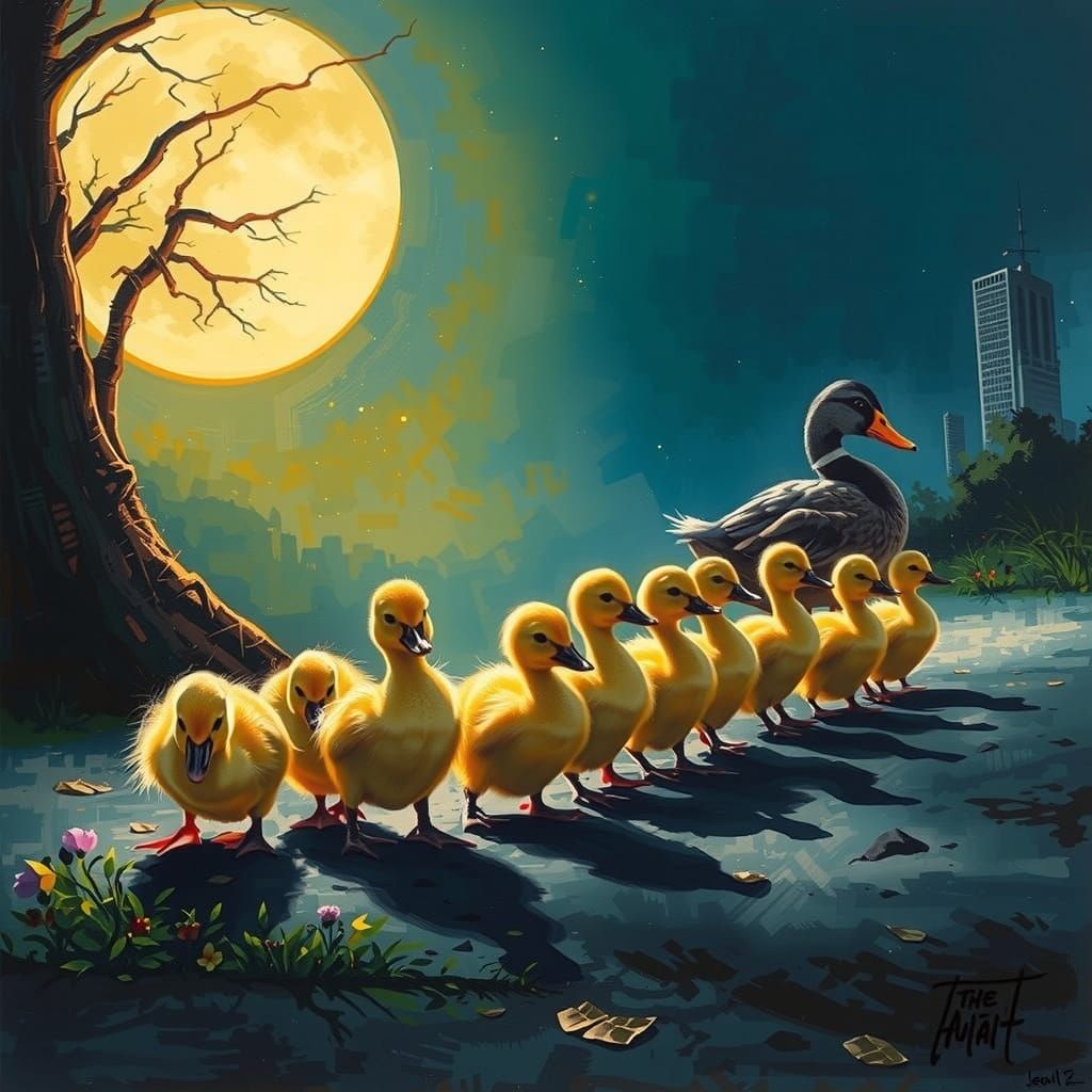 Mother Duck Leads Her Ducklings in a Vibrant Forest Glade
