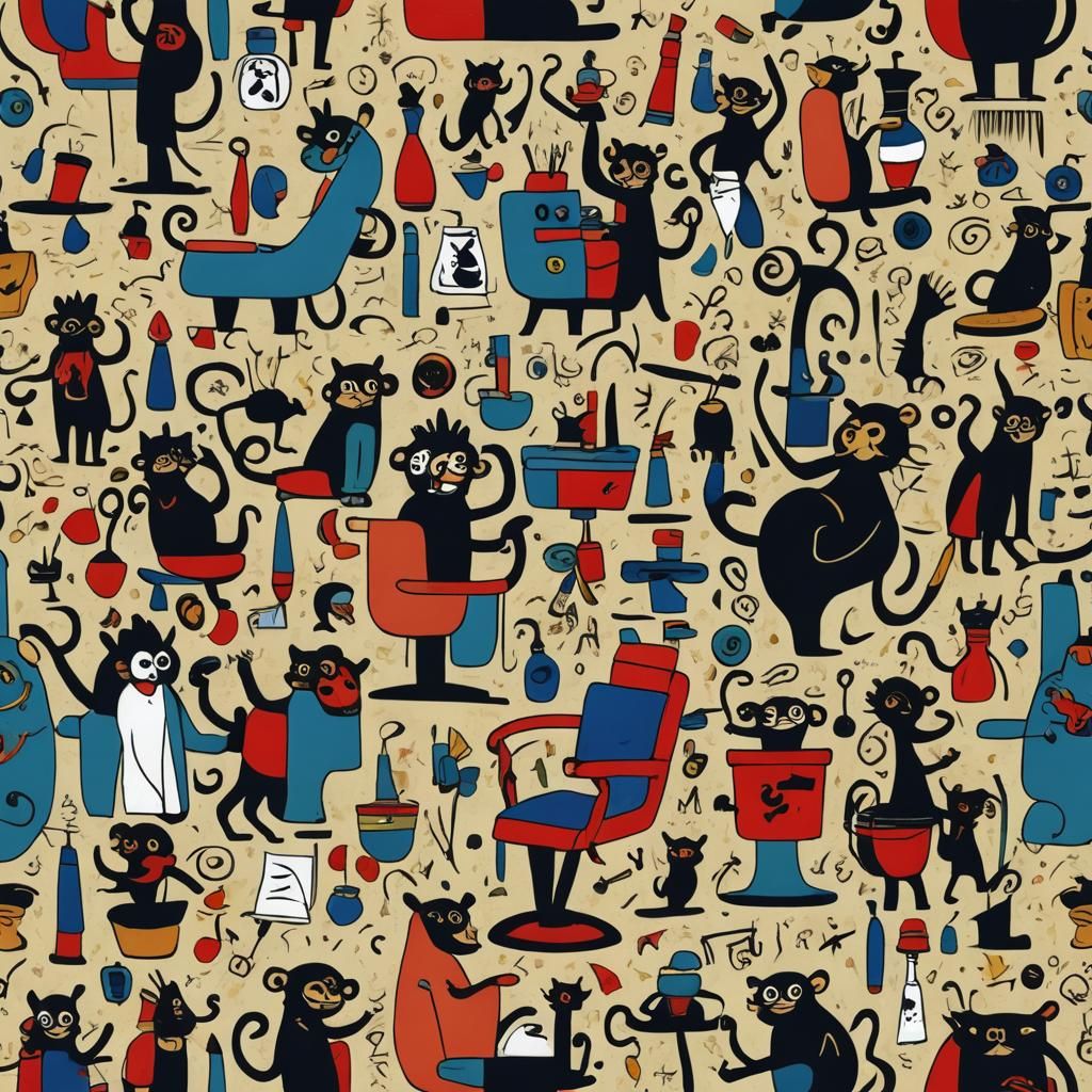 Barber Shop with Monkeys and Cats, Miró Style