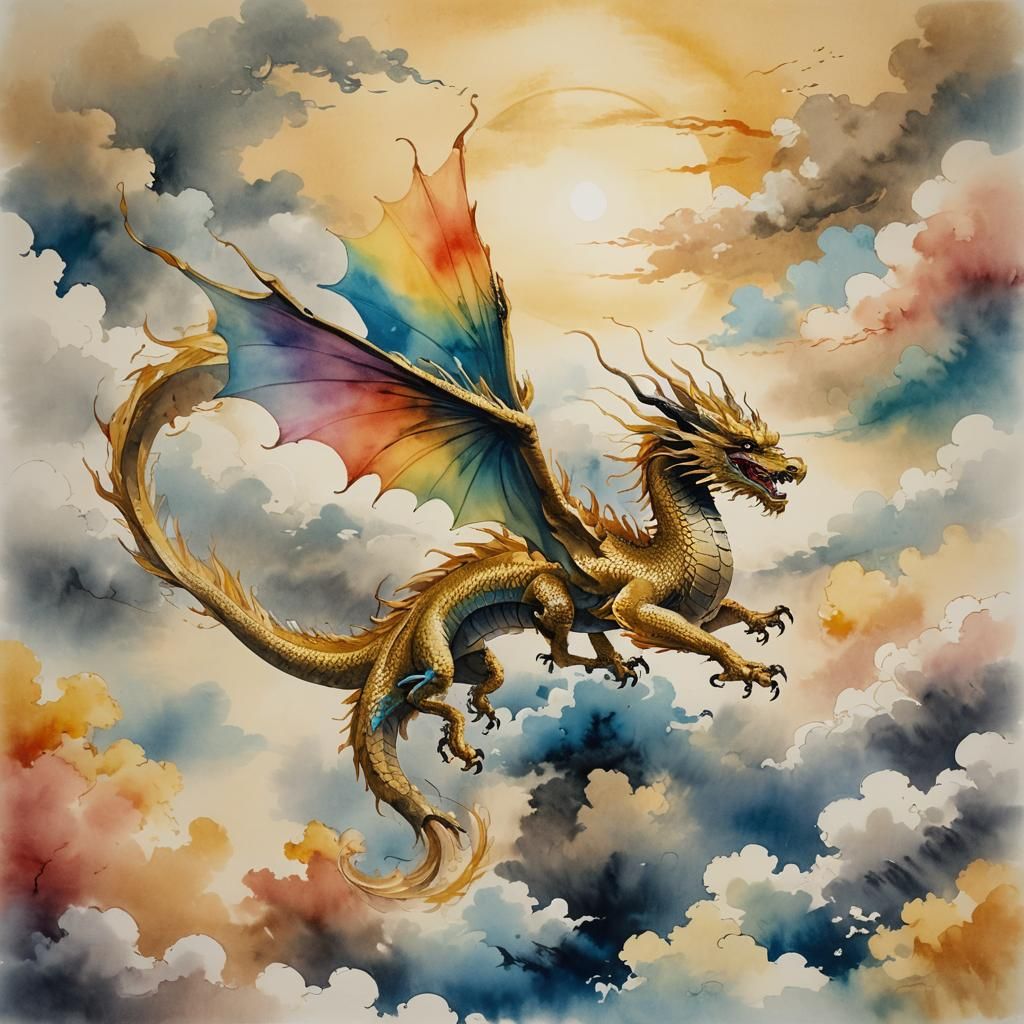 Golden Dragon Soaring: Chinese Watercolor Painting