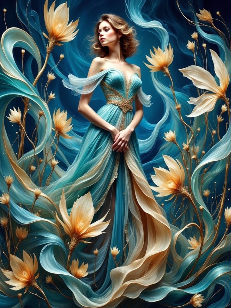 Elegant Woman in Art Nouveau Geometric Scene