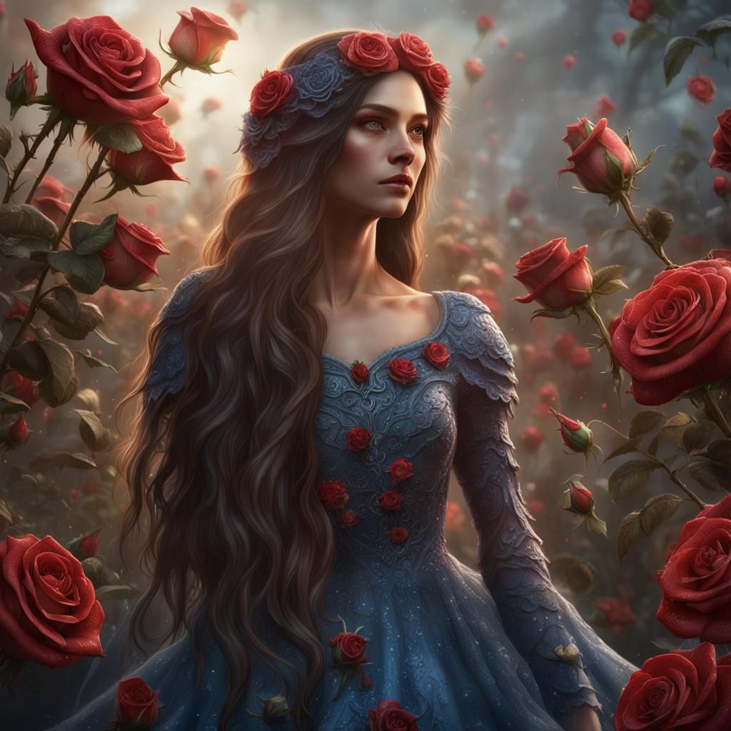 Woman with Roses and Morning Dew: Fantasy Art