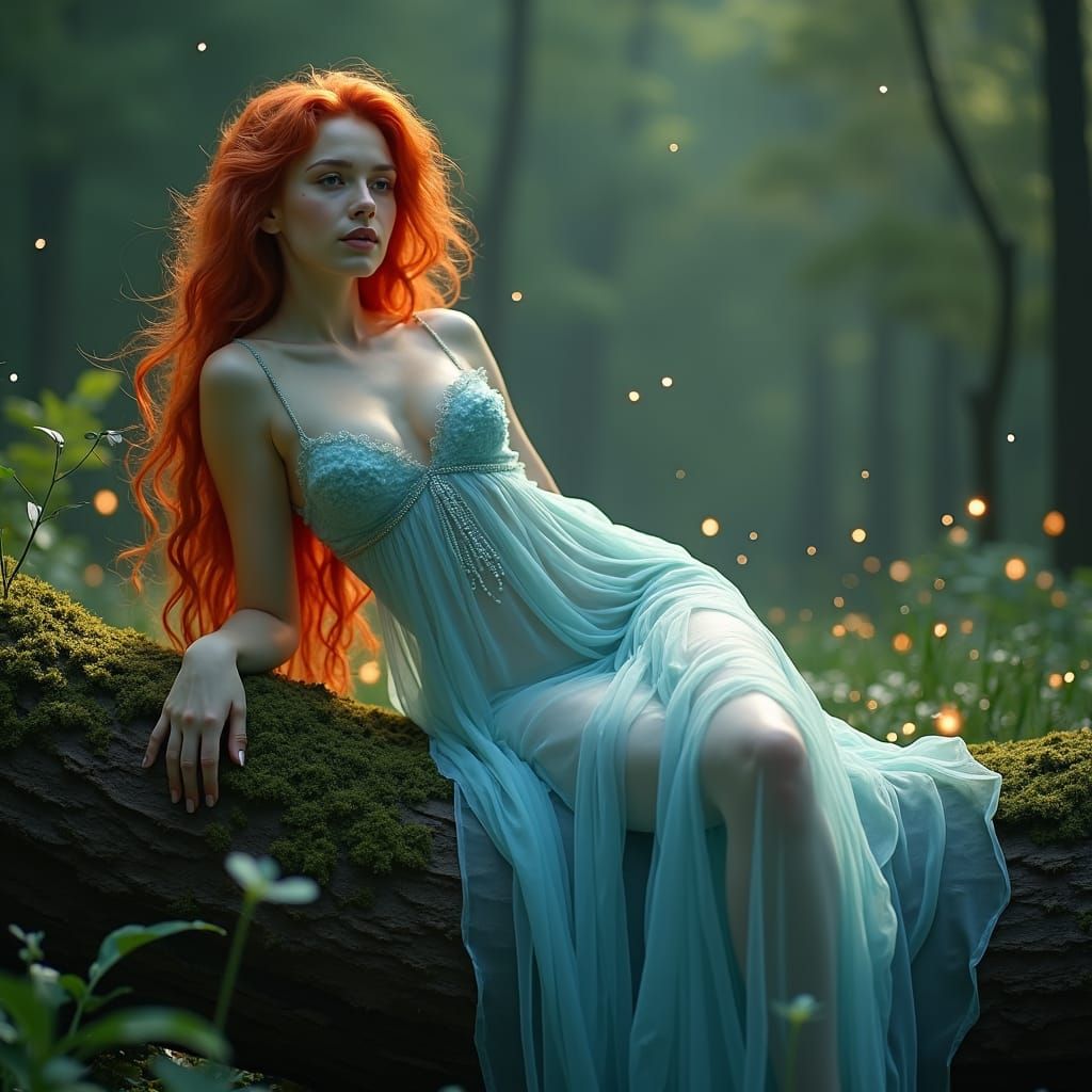 Ethereal Redhead in Misty Forest, Inspired by Fantasy Art