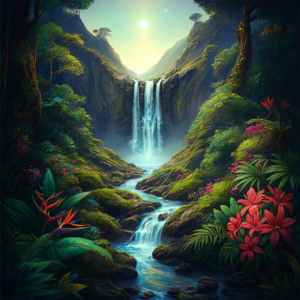 Waterfall Scene in Holographic Astral Cosmic Illustration