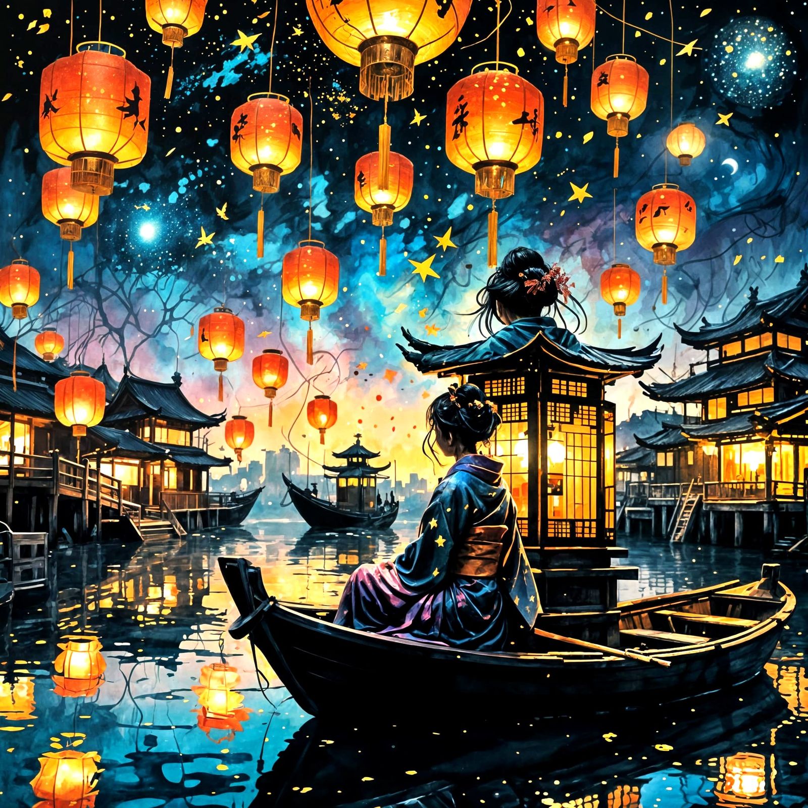 Geisha Silhouette at Lantern Festival in Anime Style