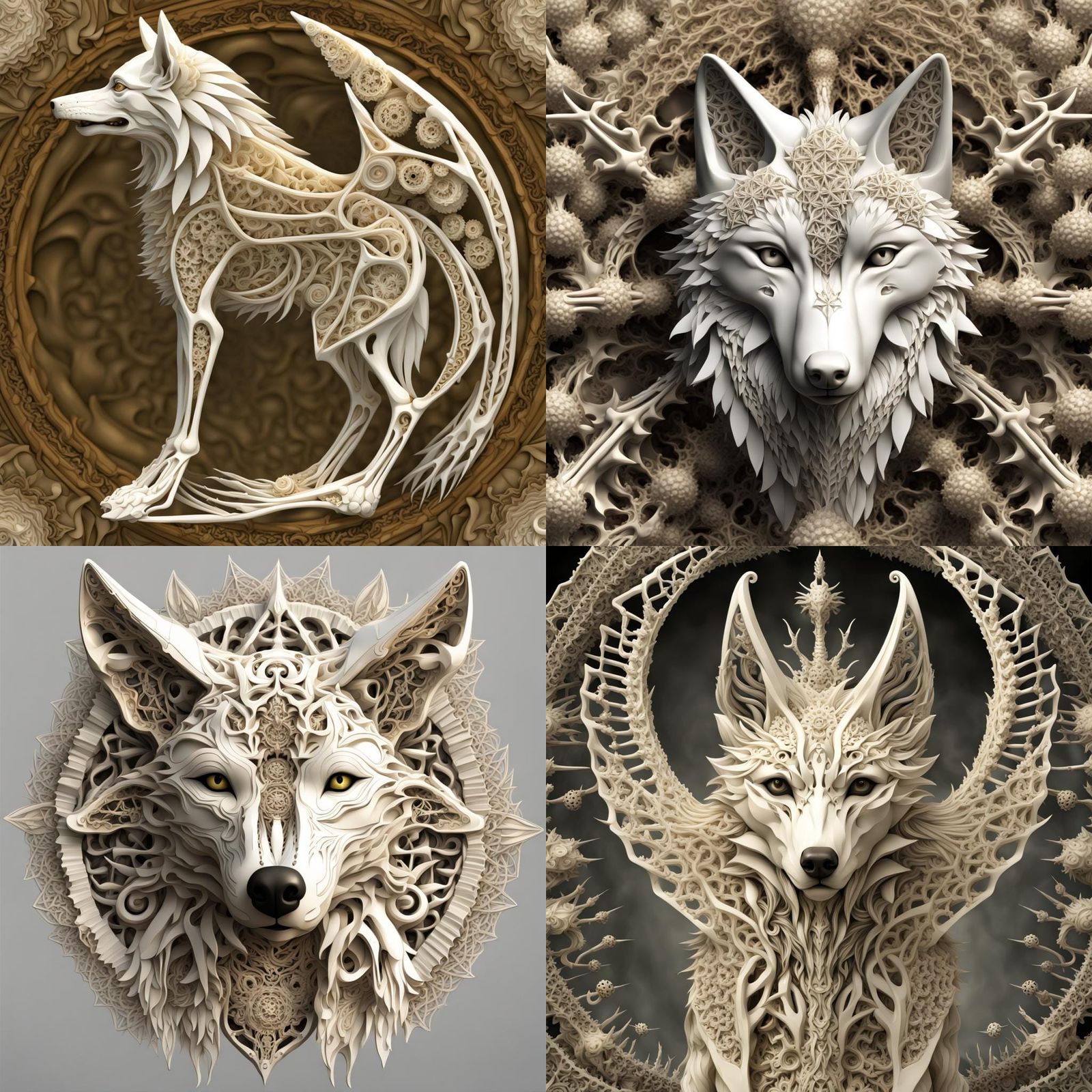 Fractal Bone Wolf Fairy with Sacred Geometry