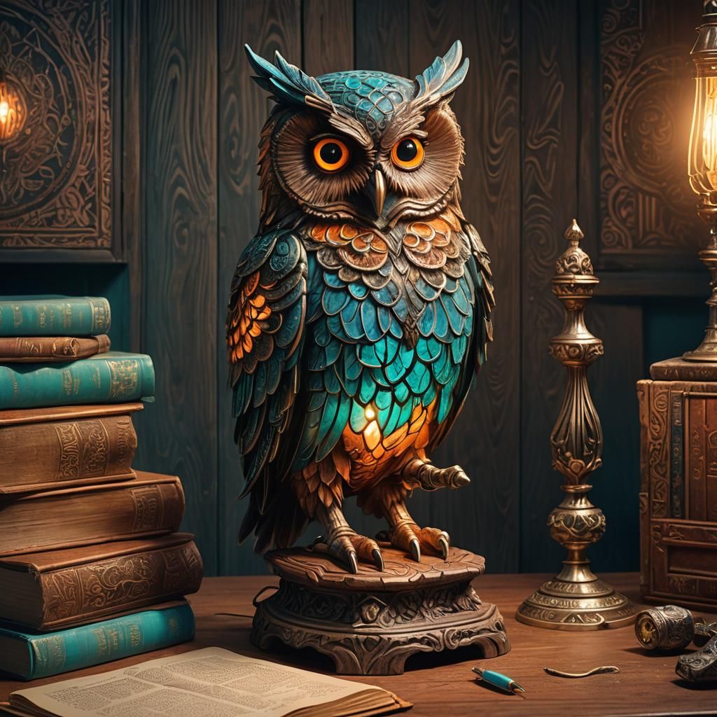 Ornate Owl Lamp in Mystical Study, Fantasy Art