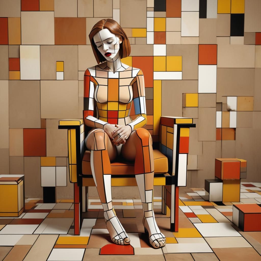 Geometric 3D Model: Woman Crying in De Stijl Style