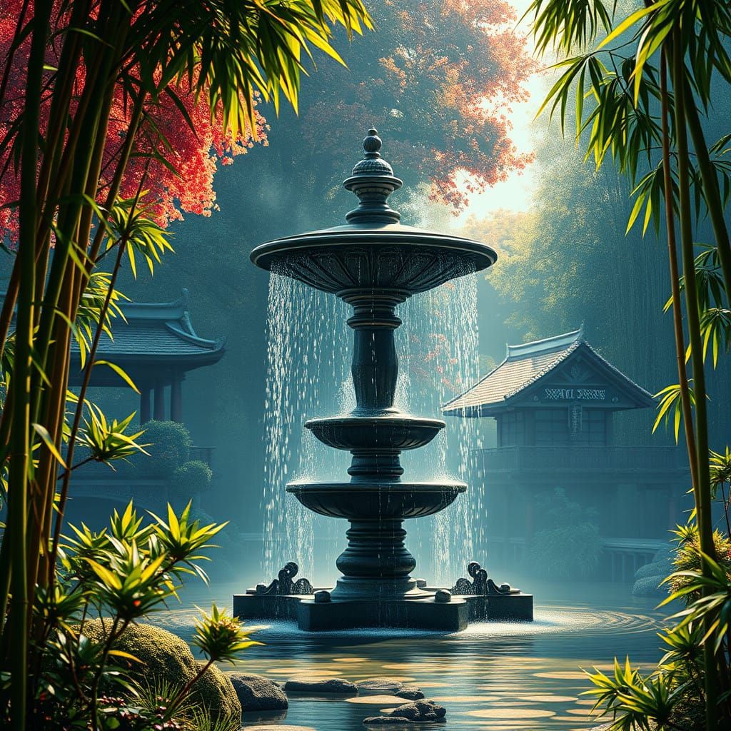 Bamboo water fountain in Japanese garden, vivid graphics