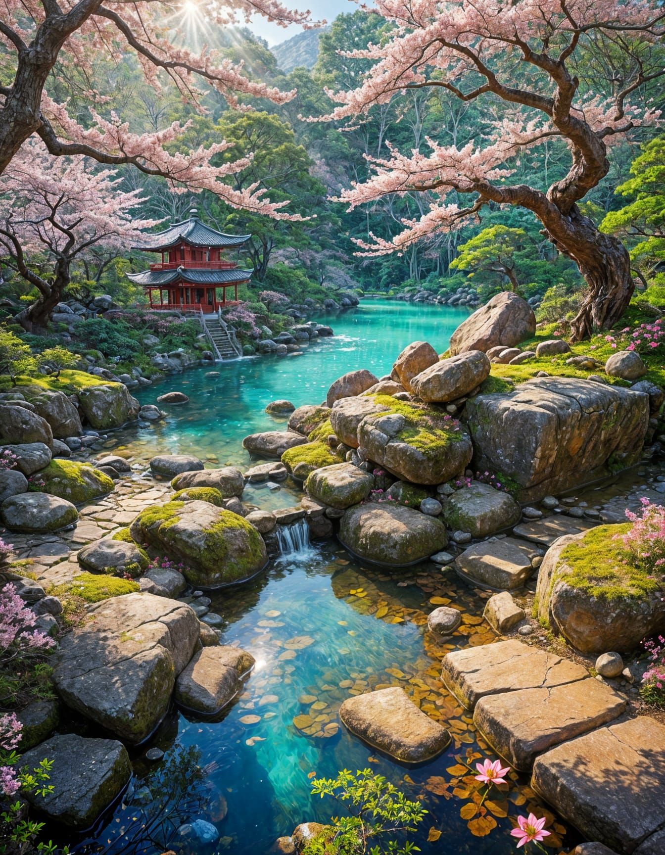 Serene Japanese Garden with Red Temple and Sakura Trees