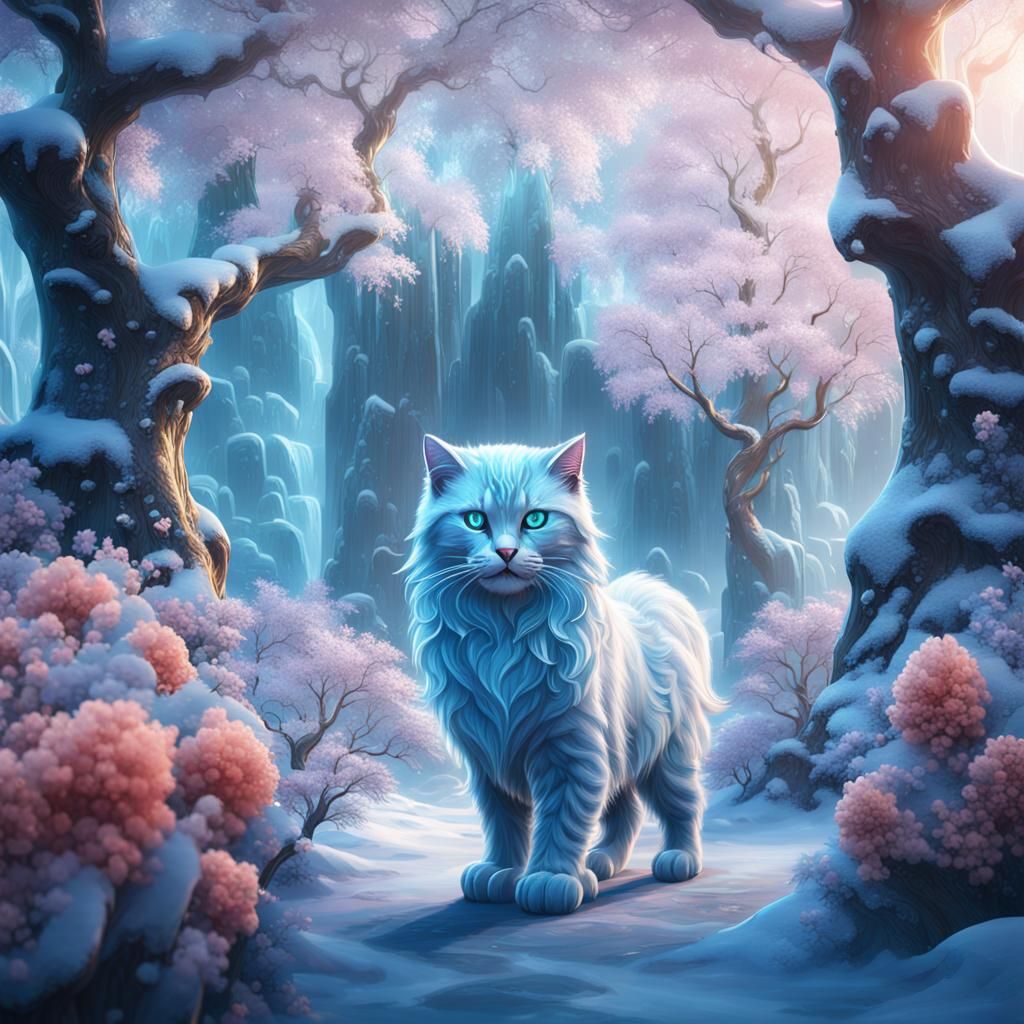 Icy Cat in a Fantastical Winter Landscape