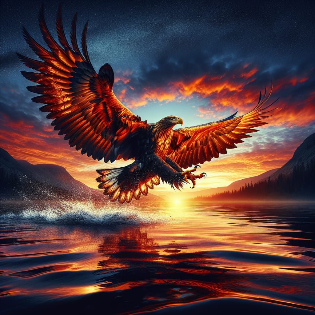 Fiery Eagle Hunting Over Twilight Lake