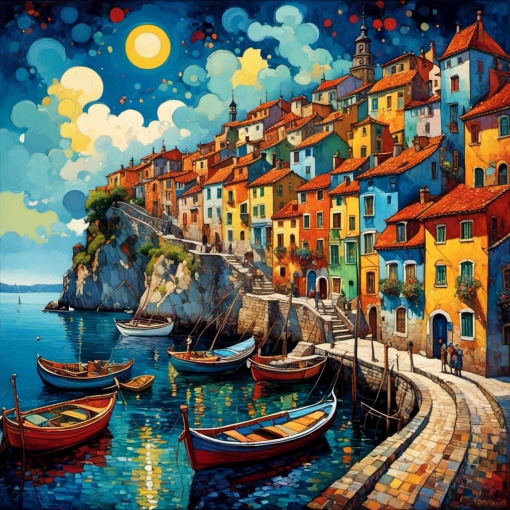 City on Pillars in the Sea with Red Roofs