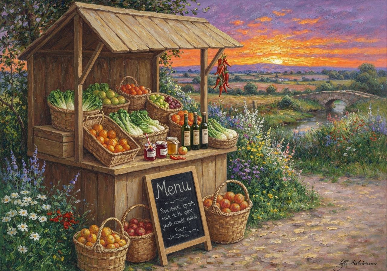 Roadside Fruit Stand at Sunset: Impressionist Oil Painting