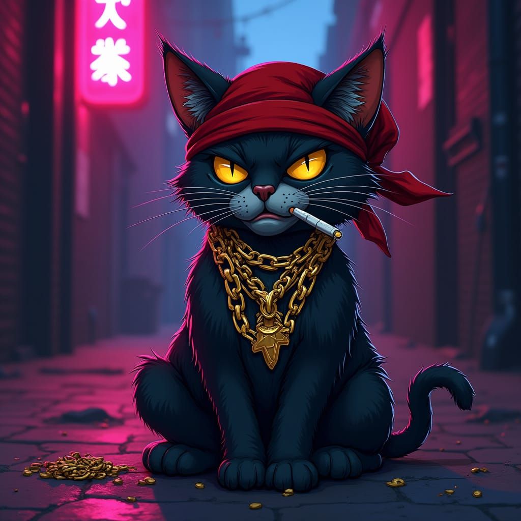 Gangster Cat with Gold Chains and Blunt